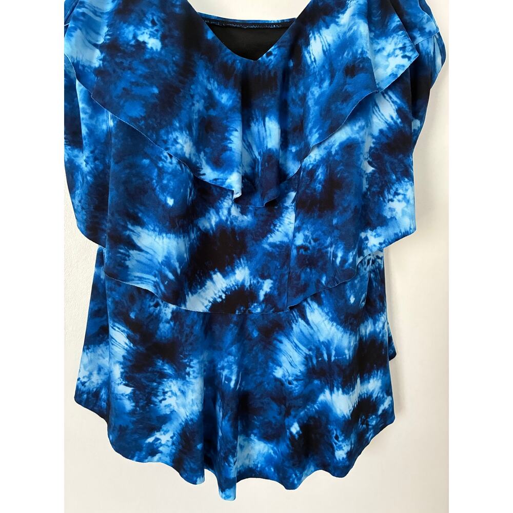 Aqua Green Blue Tie Dye Layered V-Neck Tankini Built In Shelf Bra Size L - Picture 5 of 11